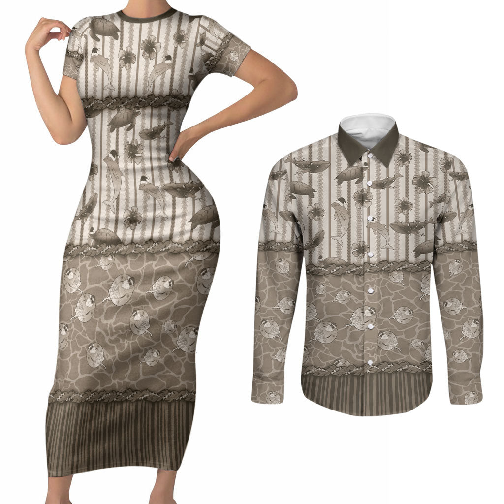 Hawaii Christmas In July Couples Matching Short Sleeve Bodycon Dress and Long Sleeve Button Shirt Beige Mele Kalikimaka Sea Animals DT05 Beige - Polynesian Pride