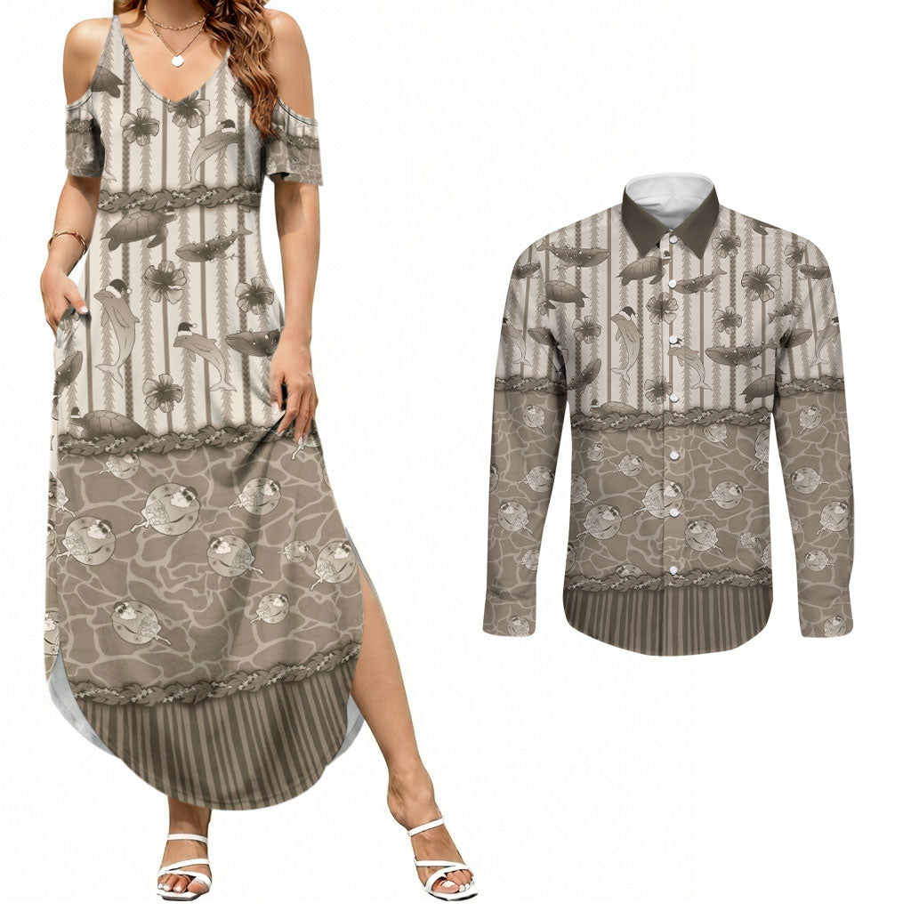 Hawaii Christmas In July Couples Matching Summer Maxi Dress and Long Sleeve Button Shirt Beige Mele Kalikimaka Sea Animals DT05 Beige - Polynesian Pride
