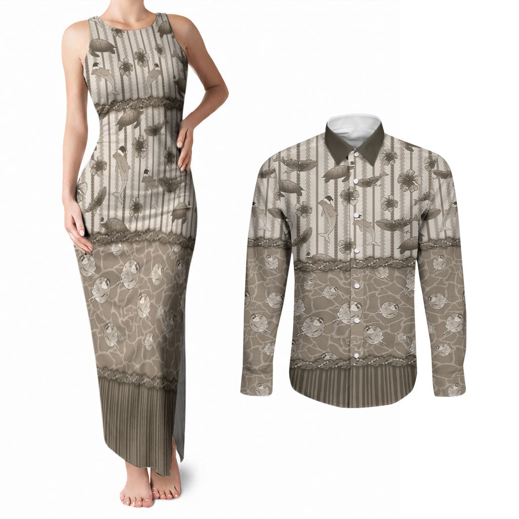 Hawaii Christmas In July Couples Matching Tank Maxi Dress and Long Sleeve Button Shirt Beige Mele Kalikimaka Sea Animals DT05 Beige - Polynesian Pride