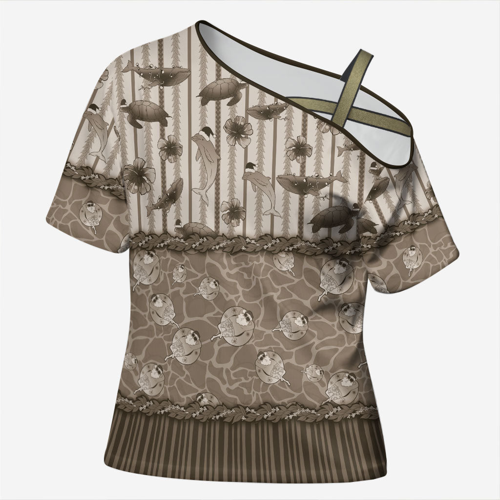 Hawaii Christmas In July Cross Shoulder Shirt Beige Mele Kalikimaka Sea Animals DT05 Female Beige - Polynesian Pride