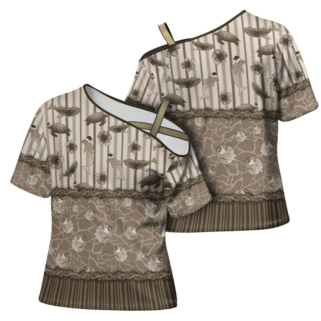 Hawaii Christmas In July Cross Shoulder Shirt Beige Mele Kalikimaka Sea Animals