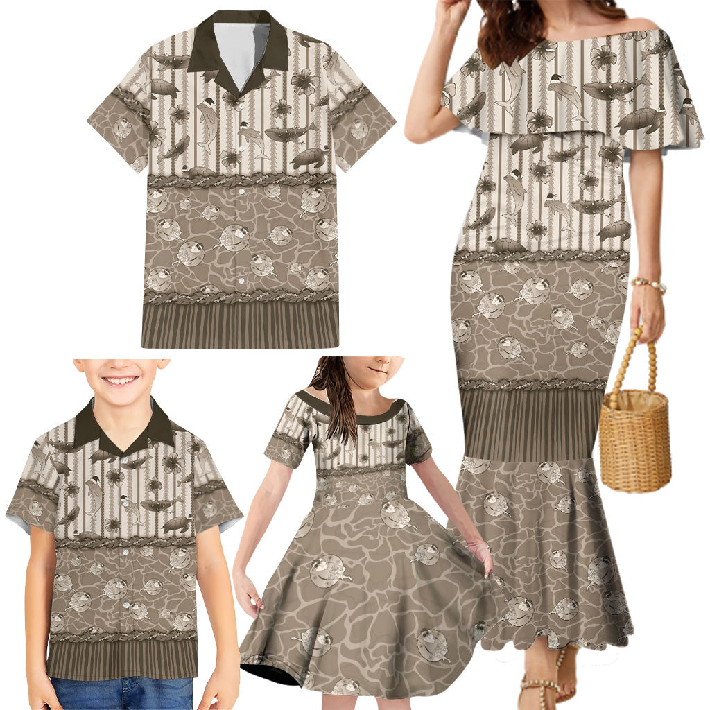 Hawaii Christmas In July Family Matching Mermaid Dress and Hawaiian Shirt Beige Mele Kalikimaka Sea Animals