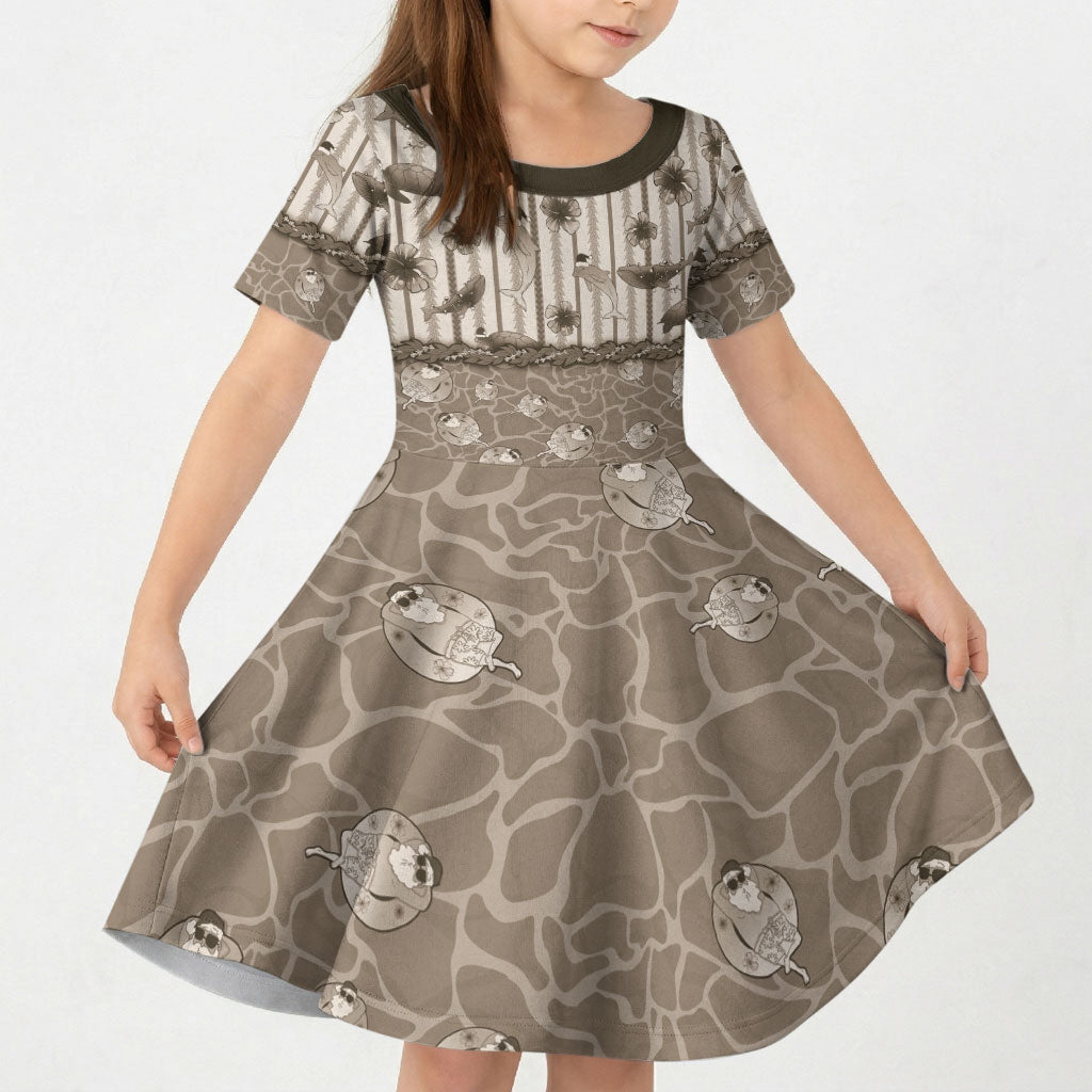 Hawaii Christmas In July Kid Short Sleeve Dress Beige Mele Kalikimaka Sea Animals DT05 KID Beige - Polynesian Pride