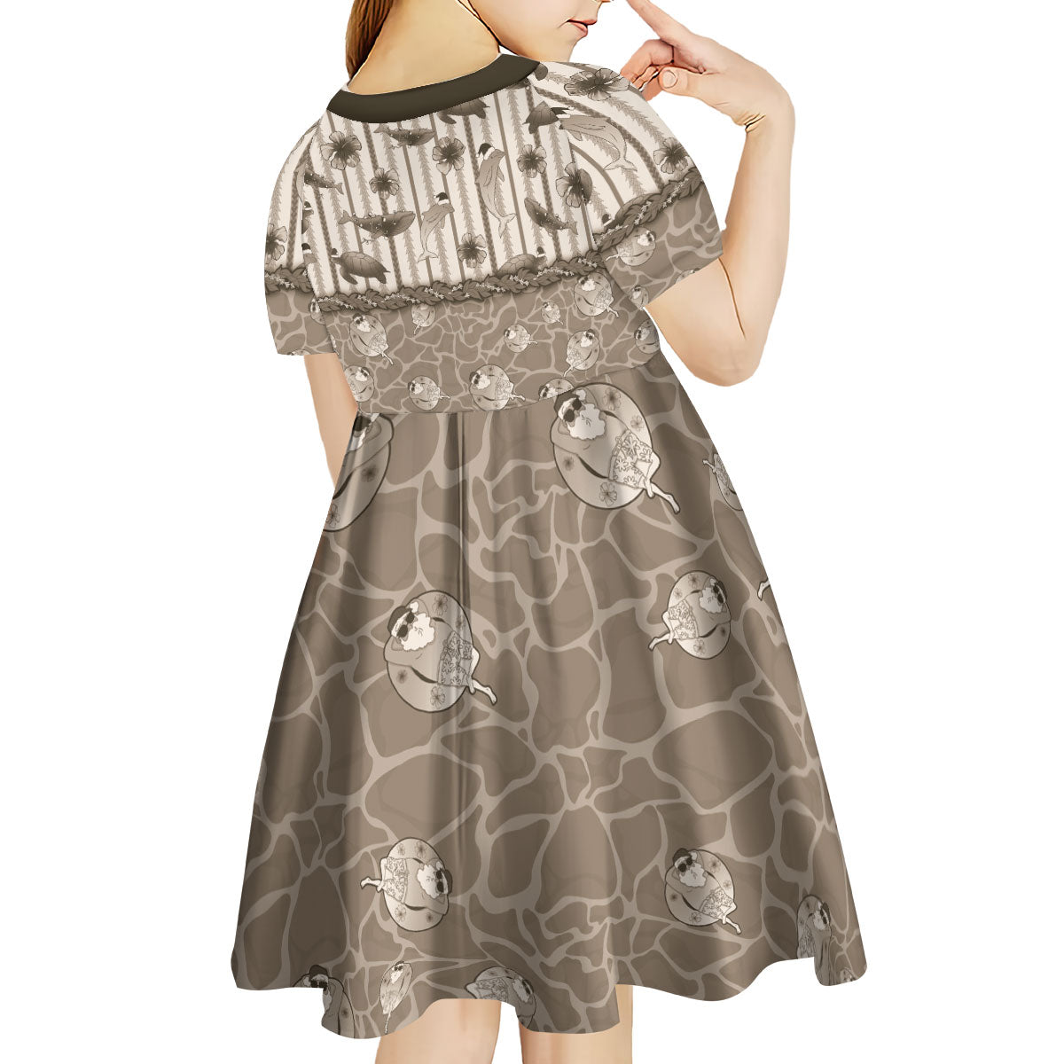 Hawaii Christmas In July Kid Short Sleeve Dress Beige Mele Kalikimaka Sea Animals DT05 - Polynesian Pride