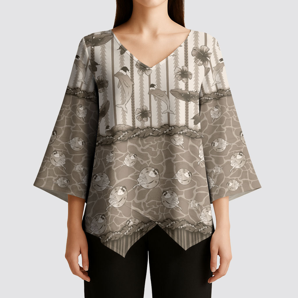 Hawaii Christmas In July Kimono Sleeve Blouse Beige Mele Kalikimaka Sea Animals
