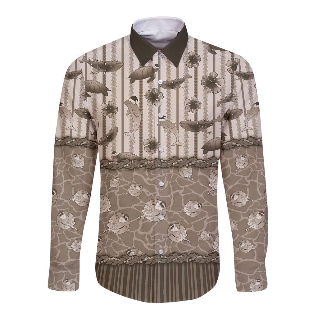 Hawaii Christmas In July Long Sleeve Button Shirt Beige Mele Kalikimaka Sea Animals DT05 Unisex Beige - Polynesian Pride