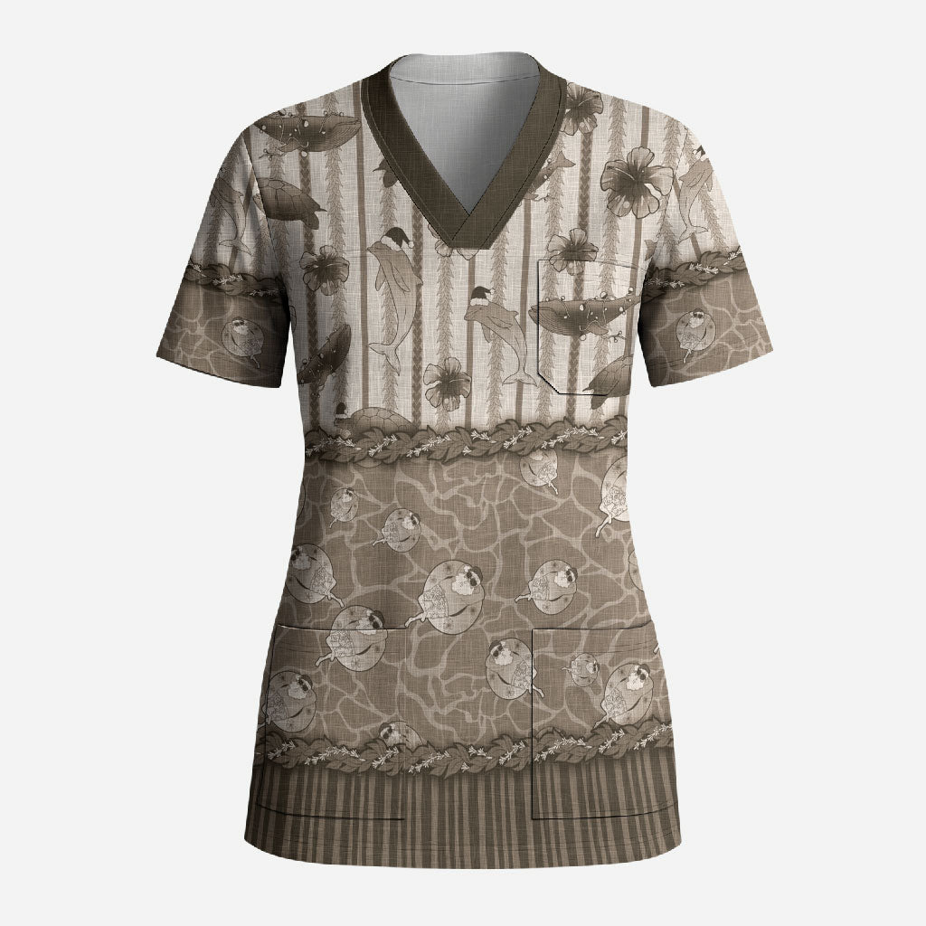 Hawaii Christmas In July Scrub Top Beige Mele Kalikimaka Sea Animals