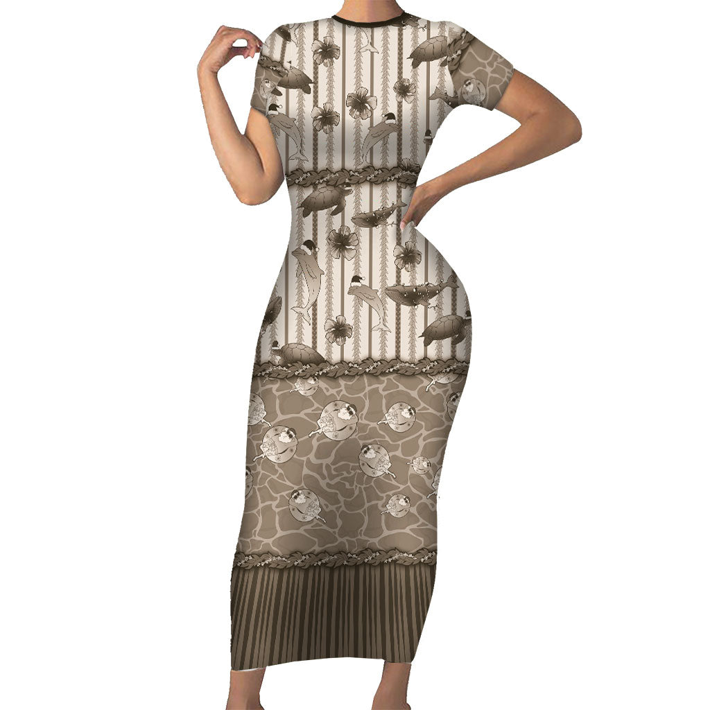 Hawaii Christmas In July Short Sleeve Bodycon Dress Beige Mele Kalikimaka Sea Animals DT05 Long Dress Beige - Polynesian Pride