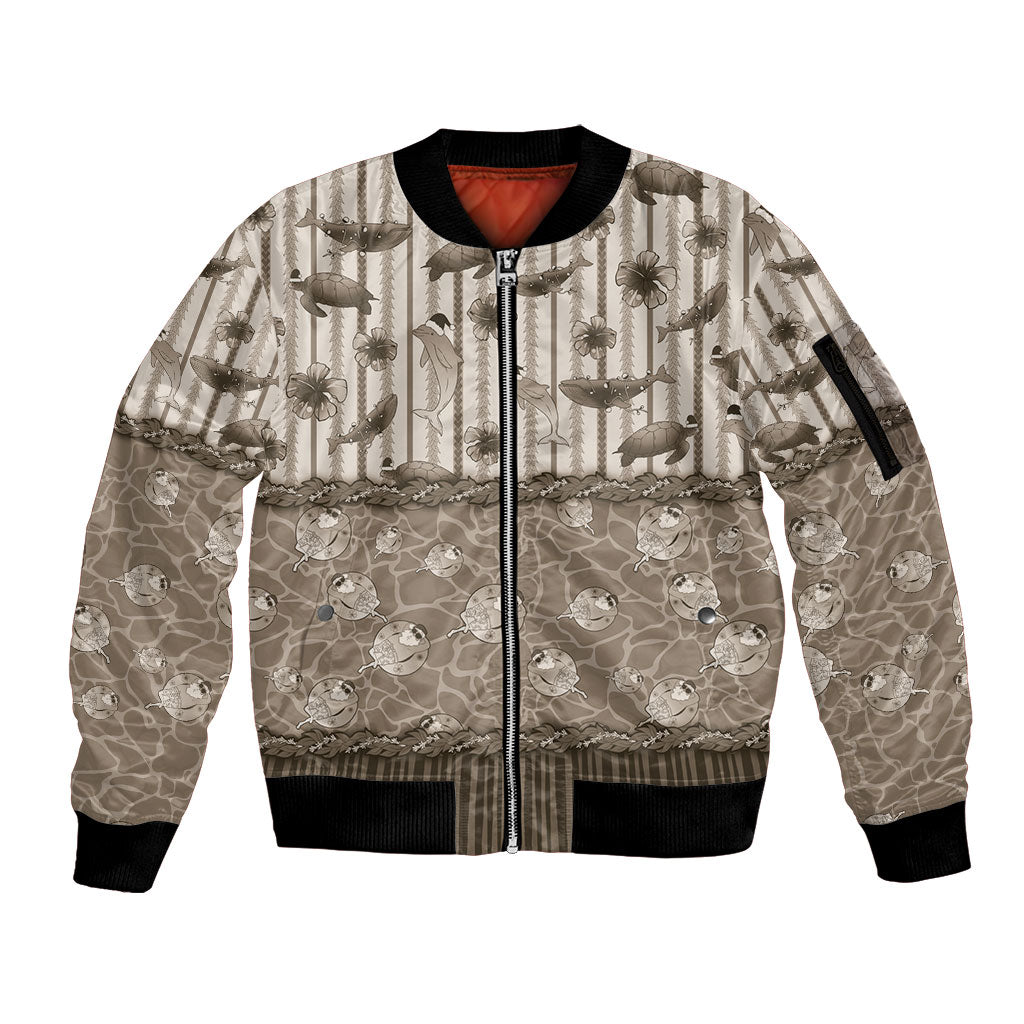 Hawaii Christmas In July Sleeve Zip Bomber Jacket Beige Mele Kalikimaka Sea Animals DT05 Unisex Beige - Polynesian Pride