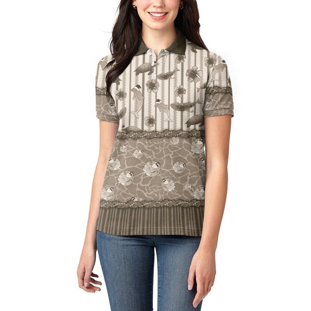Hawaii Christmas In July Women Polo Shirt Beige Mele Kalikimaka Sea Animals DT05 - Polynesian Pride