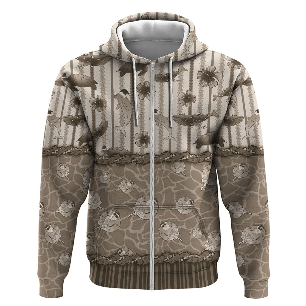 Hawaii Christmas In July Zip Hoodie Beige Mele Kalikimaka Sea Animals DT05 Zip Hoodie Beige - Polynesian Pride