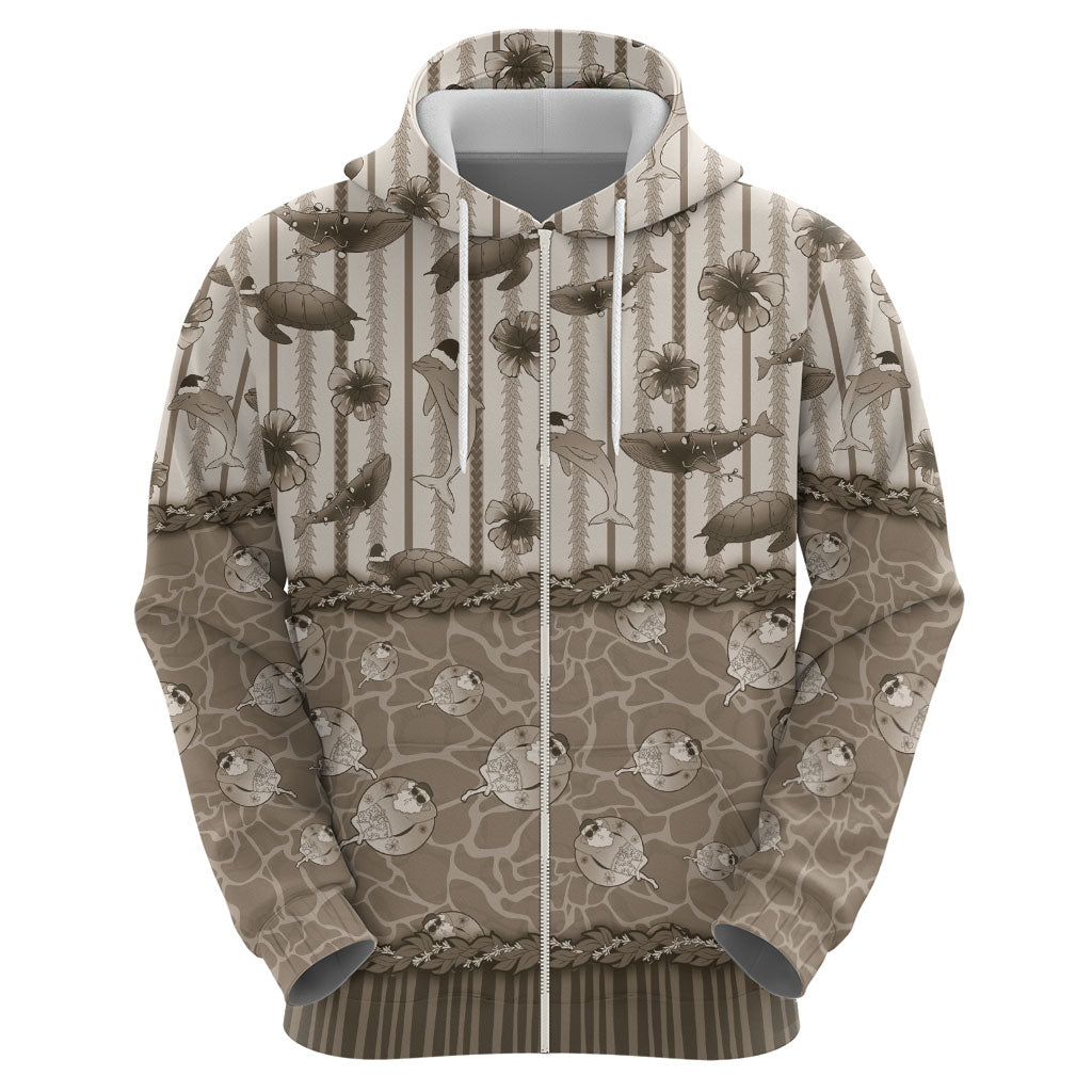 Hawaii Christmas In July Zip Hoodie Beige Mele Kalikimaka Sea Animals DT05 - Polynesian Pride
