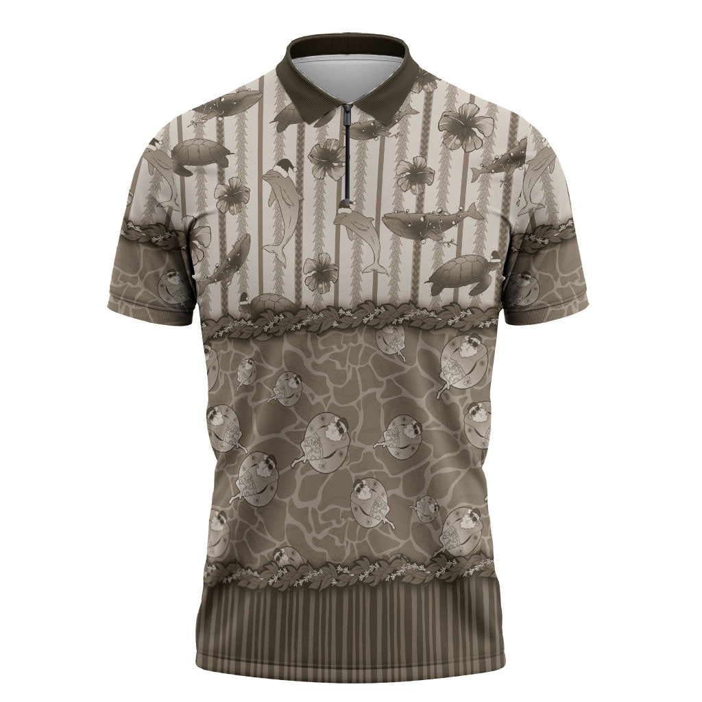 Hawaii Christmas In July Zipper Polo Shirt Beige Mele Kalikimaka Sea Animals DT05 Beige - Polynesian Pride