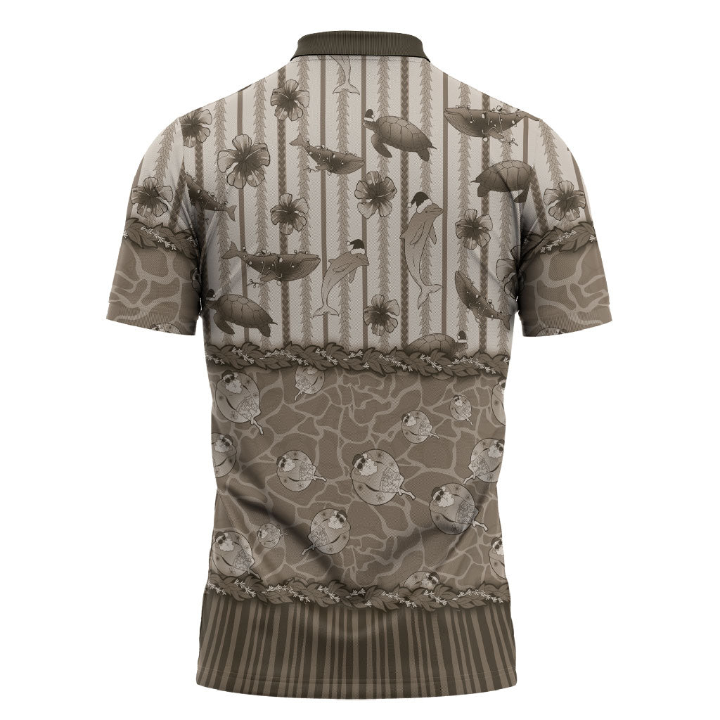 Hawaii Christmas In July Zipper Polo Shirt Beige Mele Kalikimaka Sea Animals DT05 - Polynesian Pride