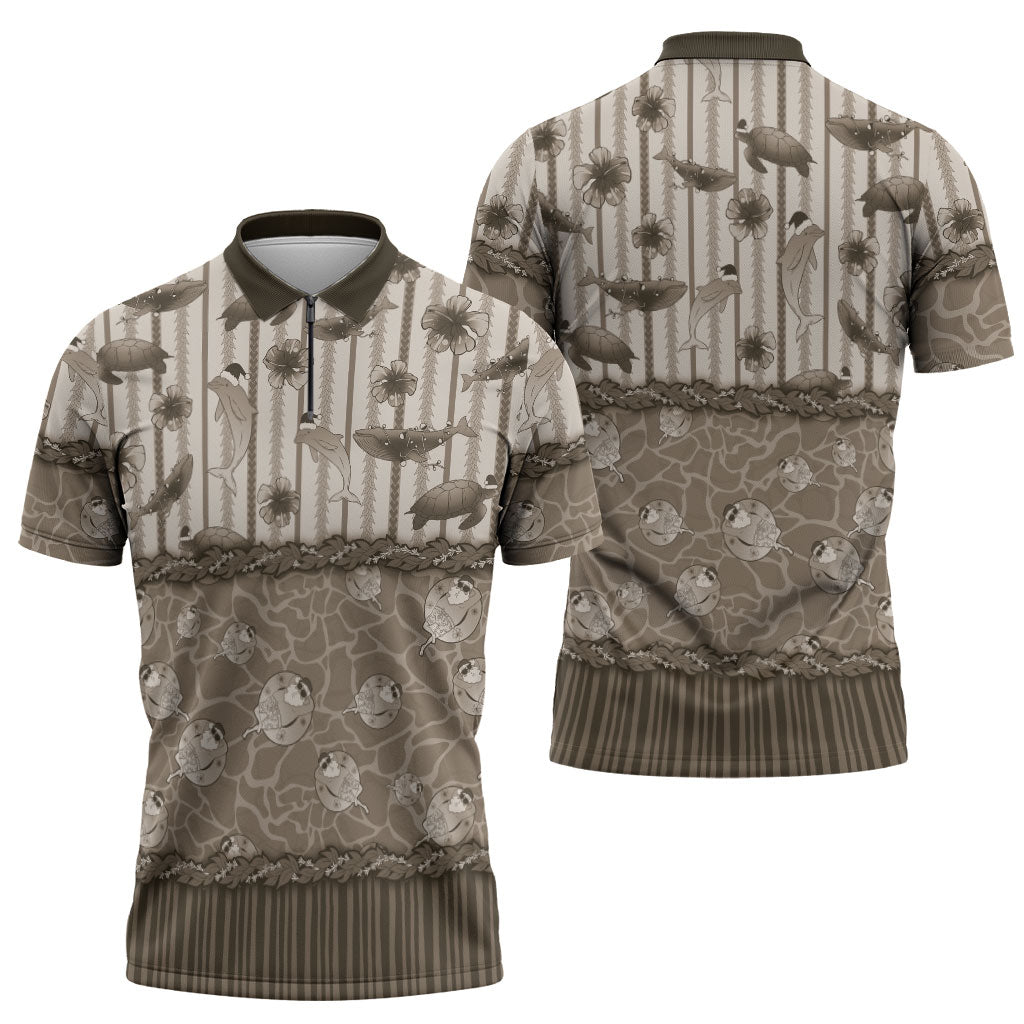 Hawaii Christmas In July Zipper Polo Shirt Beige Mele Kalikimaka Sea Animals DT05 - Polynesian Pride