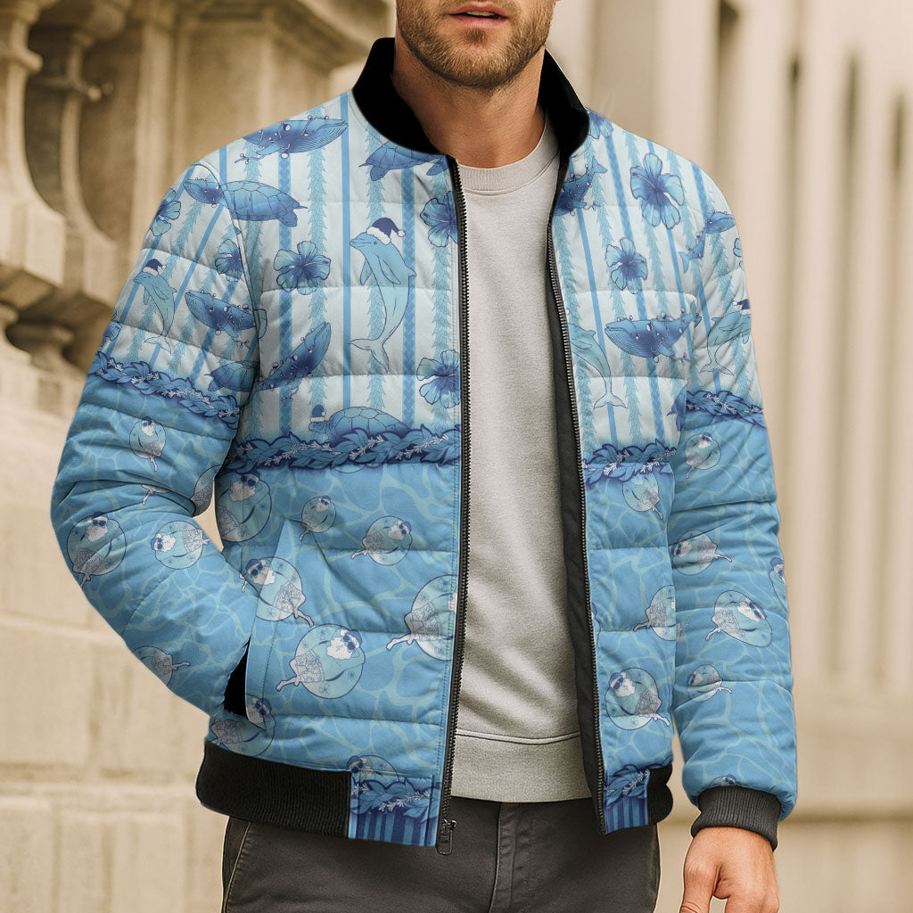 Hawaii Christmas In July Bomber Puffer Jacket Sky Blue Mele Kalikimaka Sea Animals