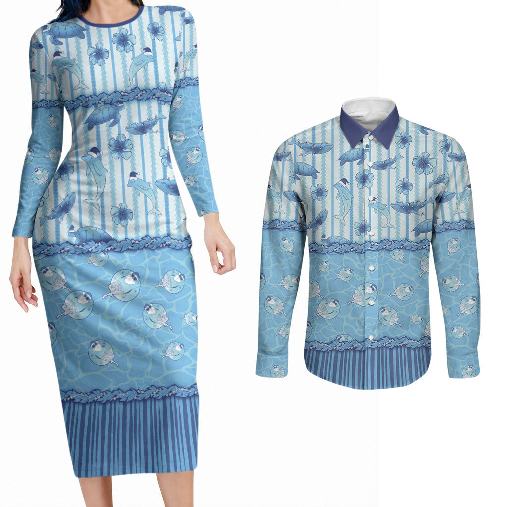 Hawaii Christmas In July Couples Matching Long Sleeve Bodycon Dress and Long Sleeve Button Shirt Sky Blue Mele Kalikimaka Sea Animals DT05 Blue - Polynesian Pride