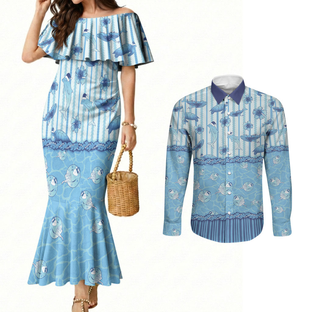 Hawaii Christmas In July Couples Matching Mermaid Dress and Long Sleeve Button Shirt Sky Blue Mele Kalikimaka Sea Animals DT05 Blue - Polynesian Pride