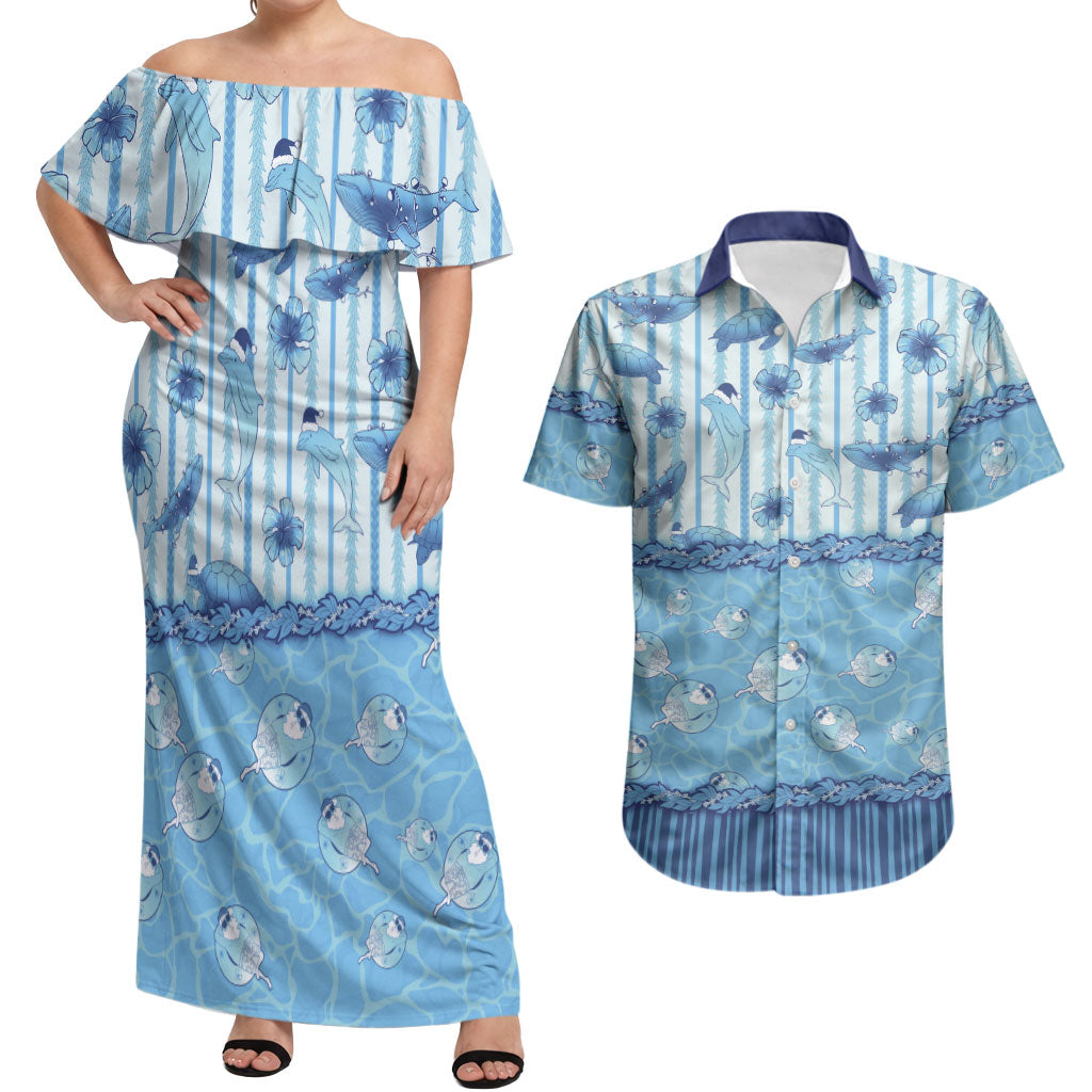 Hawaii Christmas In July Couples Matching Off Shoulder Maxi Dress and Hawaiian Shirt Sky Blue Mele Kalikimaka Sea Animals DT05 Blue - Polynesian Pride