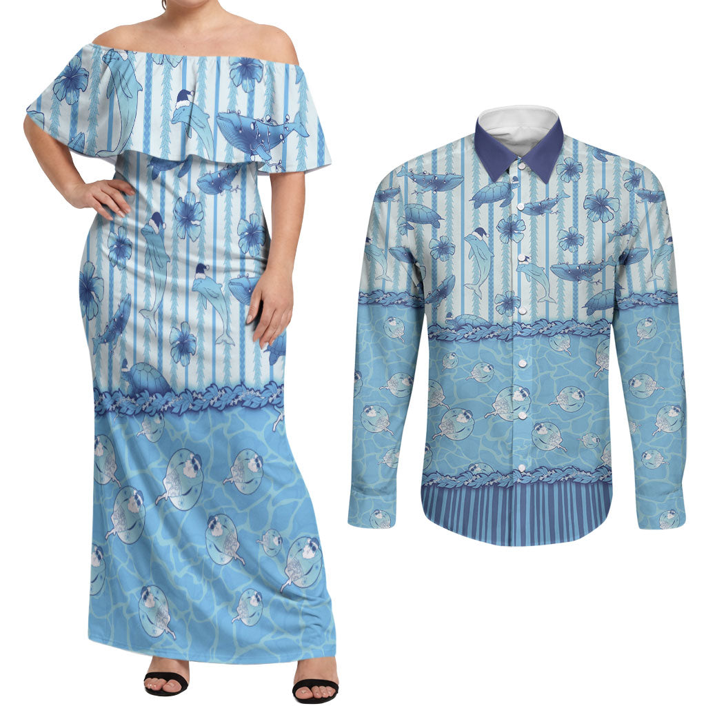 Hawaii Christmas In July Couples Matching Off Shoulder Maxi Dress and Long Sleeve Button Shirt Sky Blue Mele Kalikimaka Sea Animals DT05 Blue - Polynesian Pride