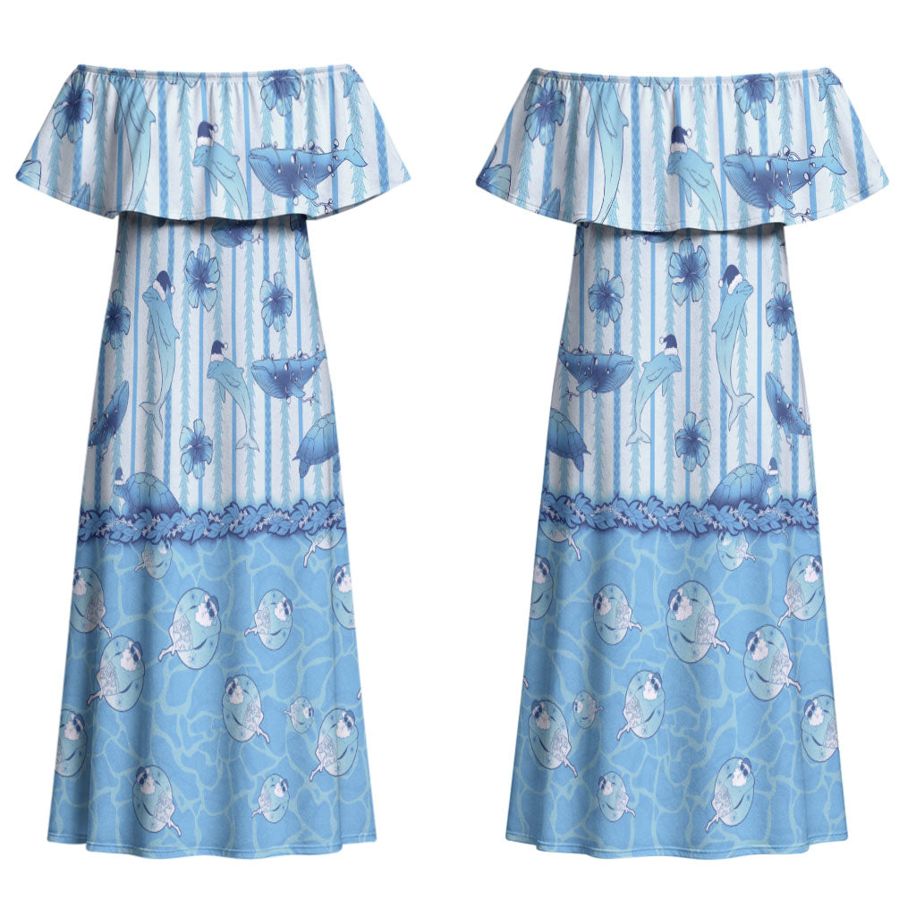 Hawaii Christmas In July Couples Matching Off Shoulder Maxi Dress and Long Sleeve Button Shirt Sky Blue Mele Kalikimaka Sea Animals DT05 - Polynesian Pride