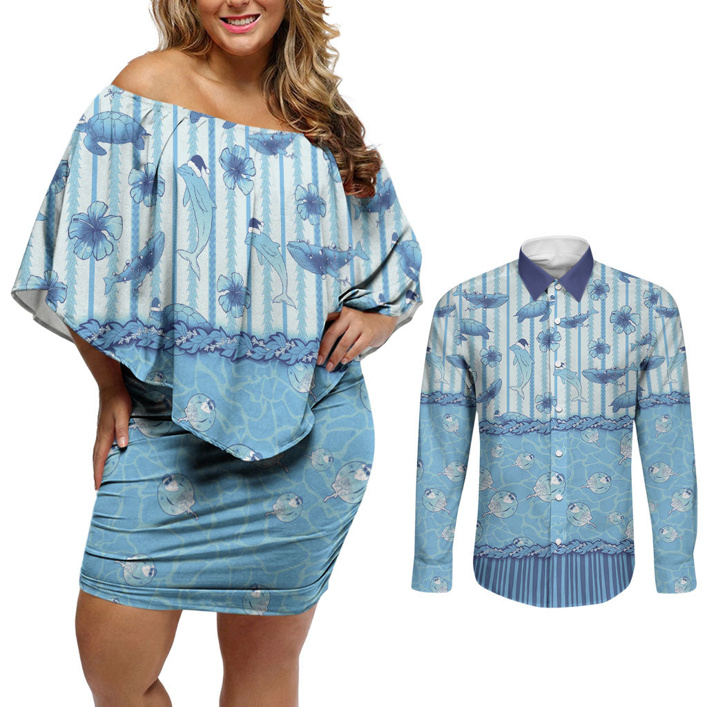 Hawaii Christmas In July Couples Matching Off Shoulder Short Dress and Long Sleeve Button Shirt Sky Blue Mele Kalikimaka Sea Animals DT05 Blue - Polynesian Pride