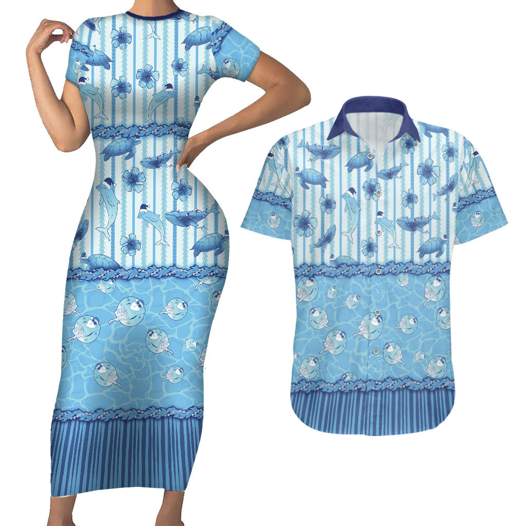 Hawaii Christmas In July Couples Matching Short Sleeve Bodycon Dress and Hawaiian Shirt Sky Blue Mele Kalikimaka Sea Animals DT05 Blue - Polynesian Pride