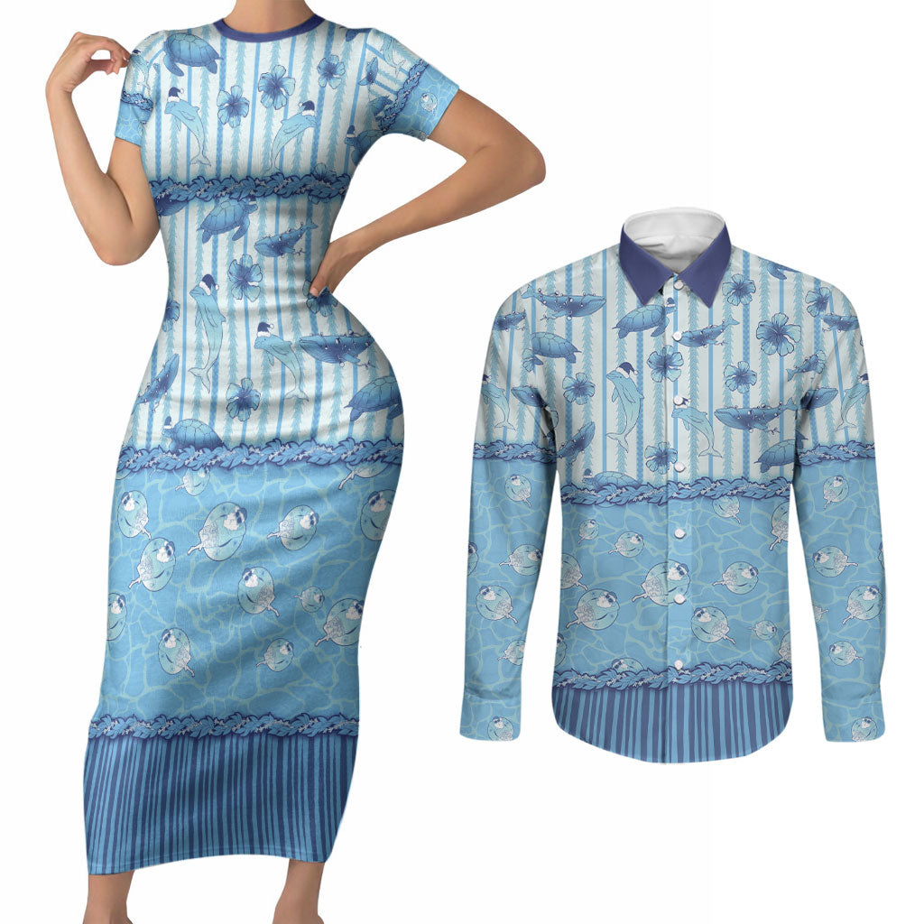 Hawaii Christmas In July Couples Matching Short Sleeve Bodycon Dress and Long Sleeve Button Shirt Sky Blue Mele Kalikimaka Sea Animals DT05 Blue - Polynesian Pride