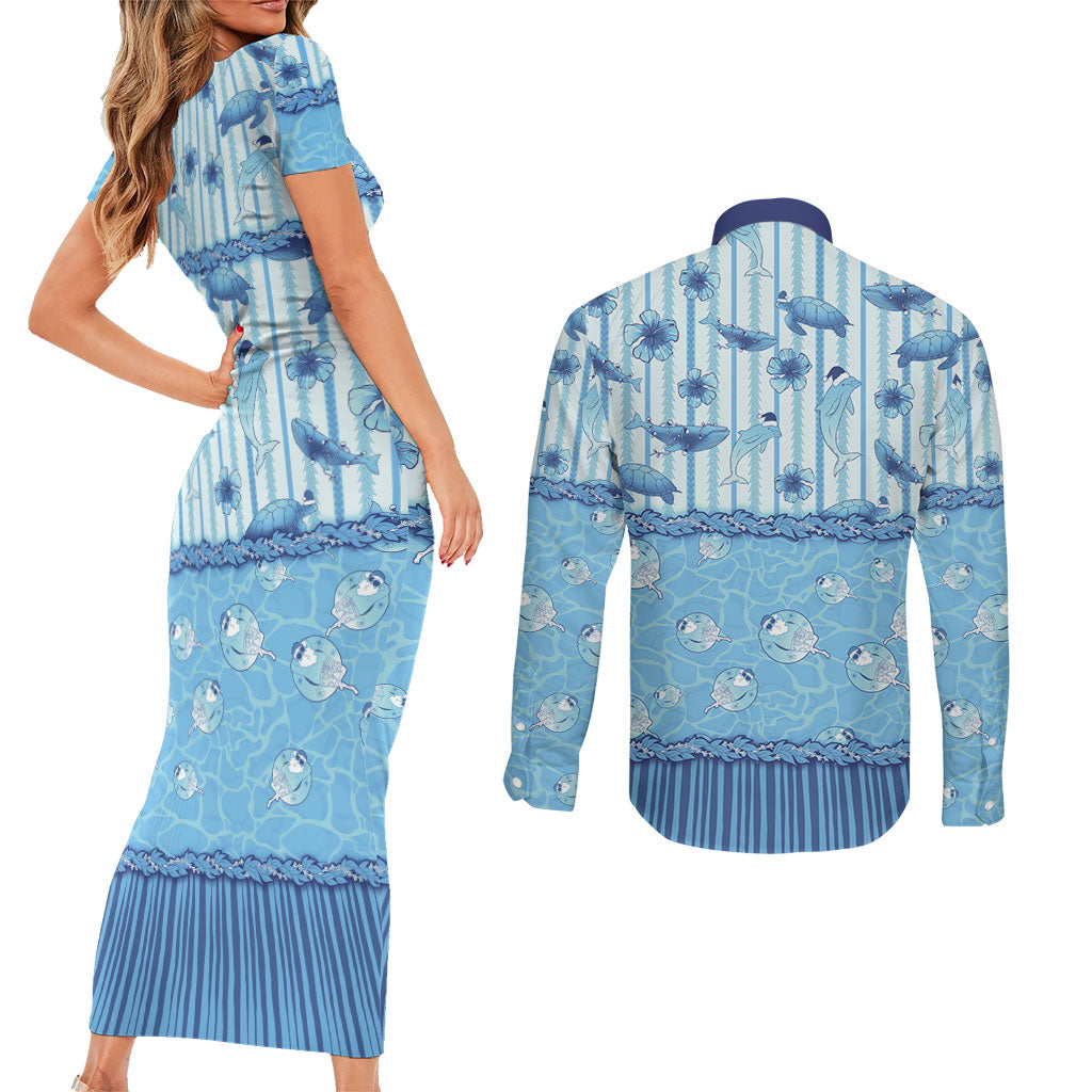 Hawaii Christmas In July Couples Matching Short Sleeve Bodycon Dress and Long Sleeve Button Shirt Sky Blue Mele Kalikimaka Sea Animals DT05 - Polynesian Pride