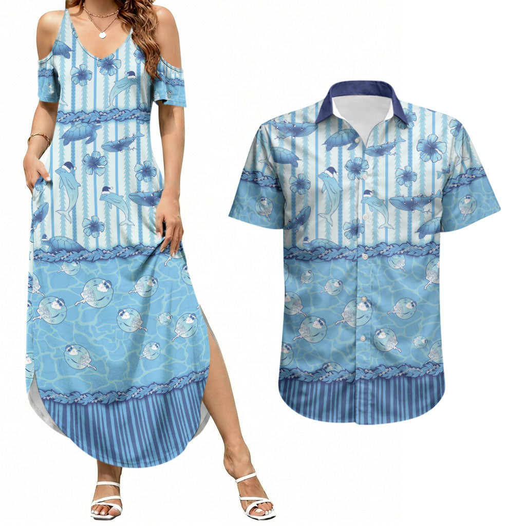 Hawaii Christmas In July Couples Matching Summer Maxi Dress and Hawaiian Shirt Sky Blue Mele Kalikimaka Sea Animals DT05 Blue - Polynesian Pride