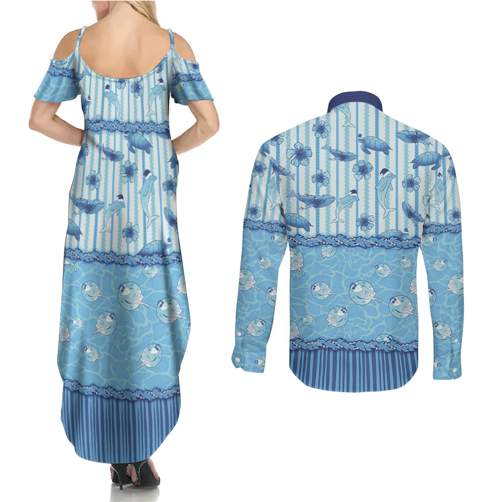 Hawaii Christmas In July Couples Matching Summer Maxi Dress and Long Sleeve Button Shirt Sky Blue Mele Kalikimaka Sea Animals DT05 - Polynesian Pride