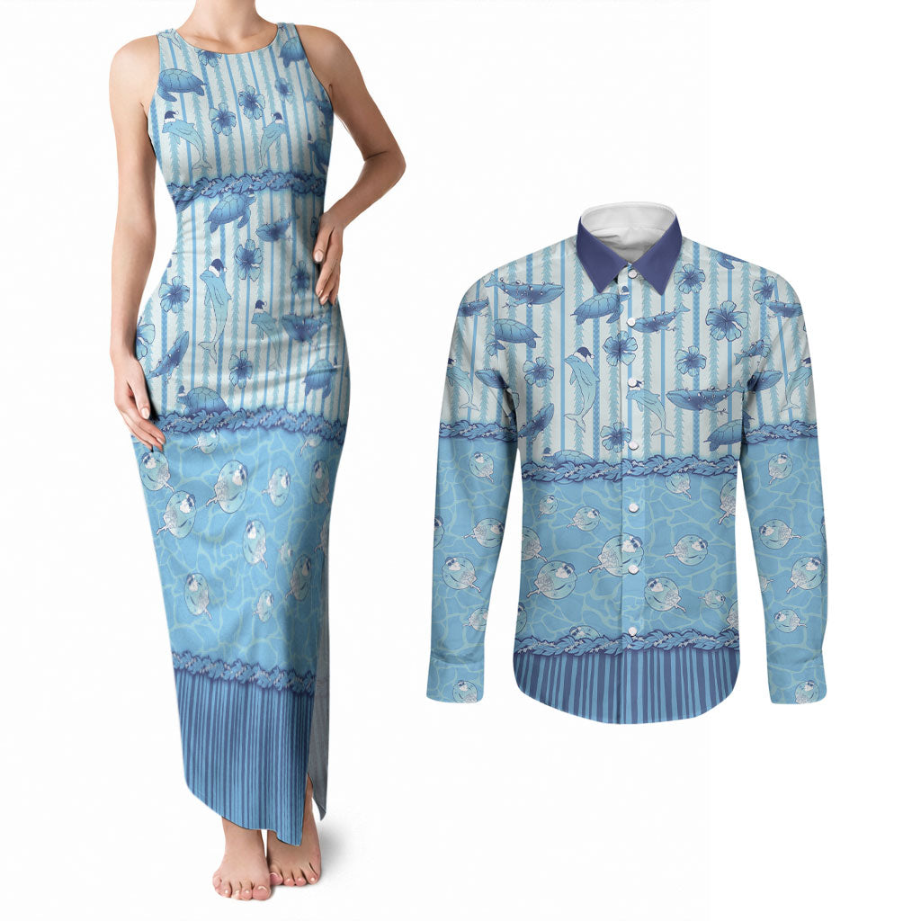 Hawaii Christmas In July Couples Matching Tank Maxi Dress and Long Sleeve Button Shirt Sky Blue Mele Kalikimaka Sea Animals DT05 Blue - Polynesian Pride