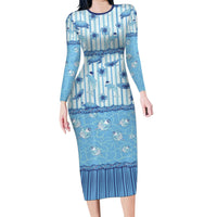 Hawaii Christmas In July Family Matching Long Sleeve Bodycon Dress and Hawaiian Shirt Sky Blue Mele Kalikimaka Sea Animals DT05 Mom's Dress Blue - Polynesian Pride