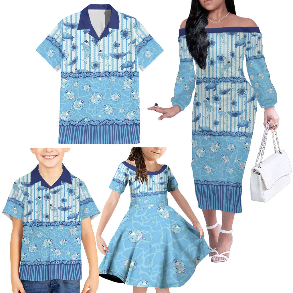 Hawaii Christmas In July Family Matching Off The Shoulder Long Sleeve Dress and Hawaiian Shirt Sky Blue Mele Kalikimaka Sea Animals DT05 - Polynesian Pride
