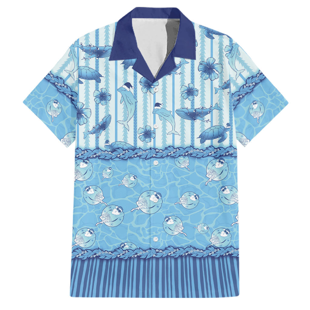 Hawaii Christmas In July Family Matching Off Shoulder Maxi Dress and Hawaiian Shirt Sky Blue Mele Kalikimaka Sea Animals DT05 Dad's Shirt - Short Sleeve Blue - Polynesian Pride