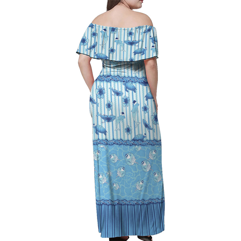 Hawaii Christmas In July Family Matching Off Shoulder Maxi Dress and Hawaiian Shirt Sky Blue Mele Kalikimaka Sea Animals DT05 - Polynesian Pride