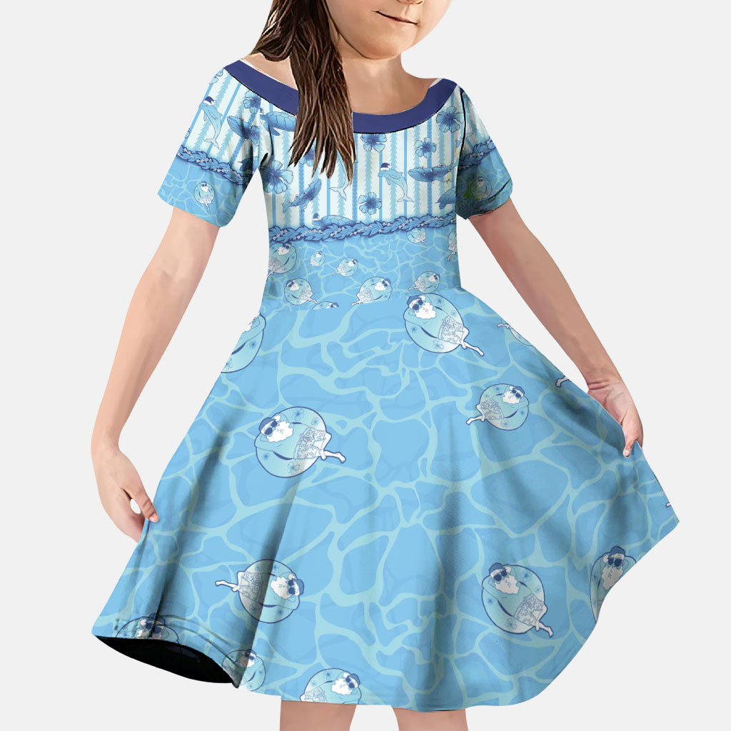 Hawaii Christmas In July Family Matching Puletasi and Hawaiian Shirt Sky Blue Mele Kalikimaka Sea Animals DT05 Daughter's Dress Blue - Polynesian Pride