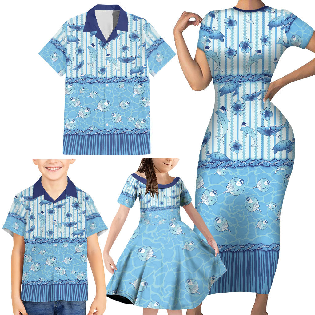 Hawaii Christmas In July Family Matching Short Sleeve Bodycon Dress and Hawaiian Shirt Sky Blue Mele Kalikimaka Sea Animals DT05 - Polynesian Pride