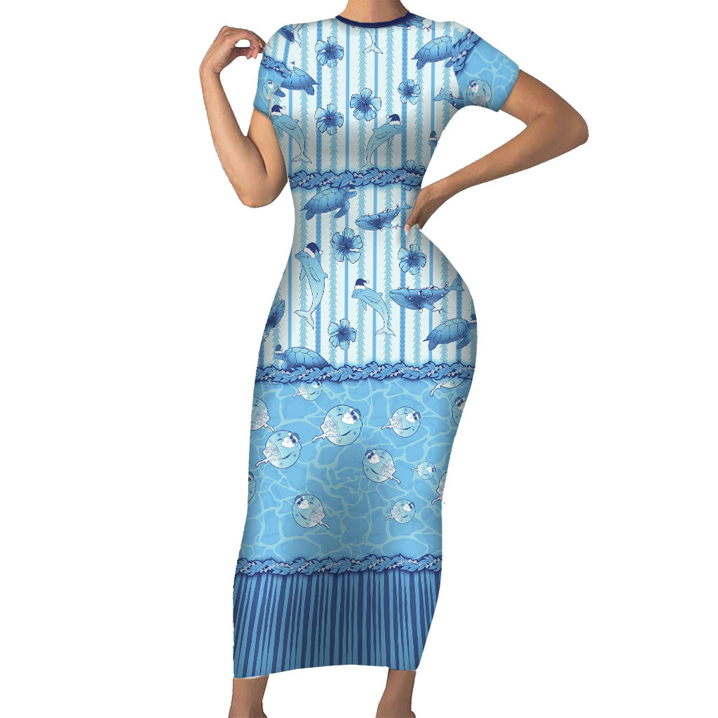 Hawaii Christmas In July Family Matching Short Sleeve Bodycon Dress and Hawaiian Shirt Sky Blue Mele Kalikimaka Sea Animals DT05 Mom's Dress Blue - Polynesian Pride