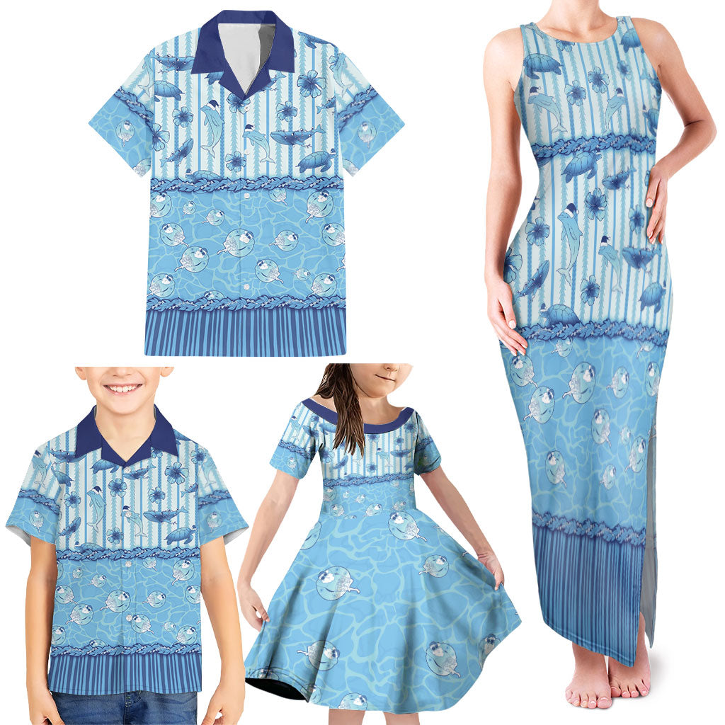 Hawaii Christmas In July Family Matching Tank Maxi Dress and Hawaiian Shirt Sky Blue Mele Kalikimaka Sea Animals