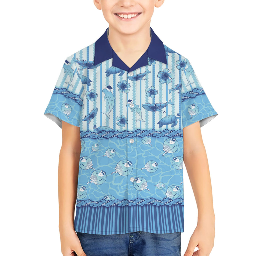 Hawaii Christmas In July Family Matching Tank Maxi Dress and Hawaiian Shirt Sky Blue Mele Kalikimaka Sea Animals DT05 Son's Shirt Blue - Polynesian Pride