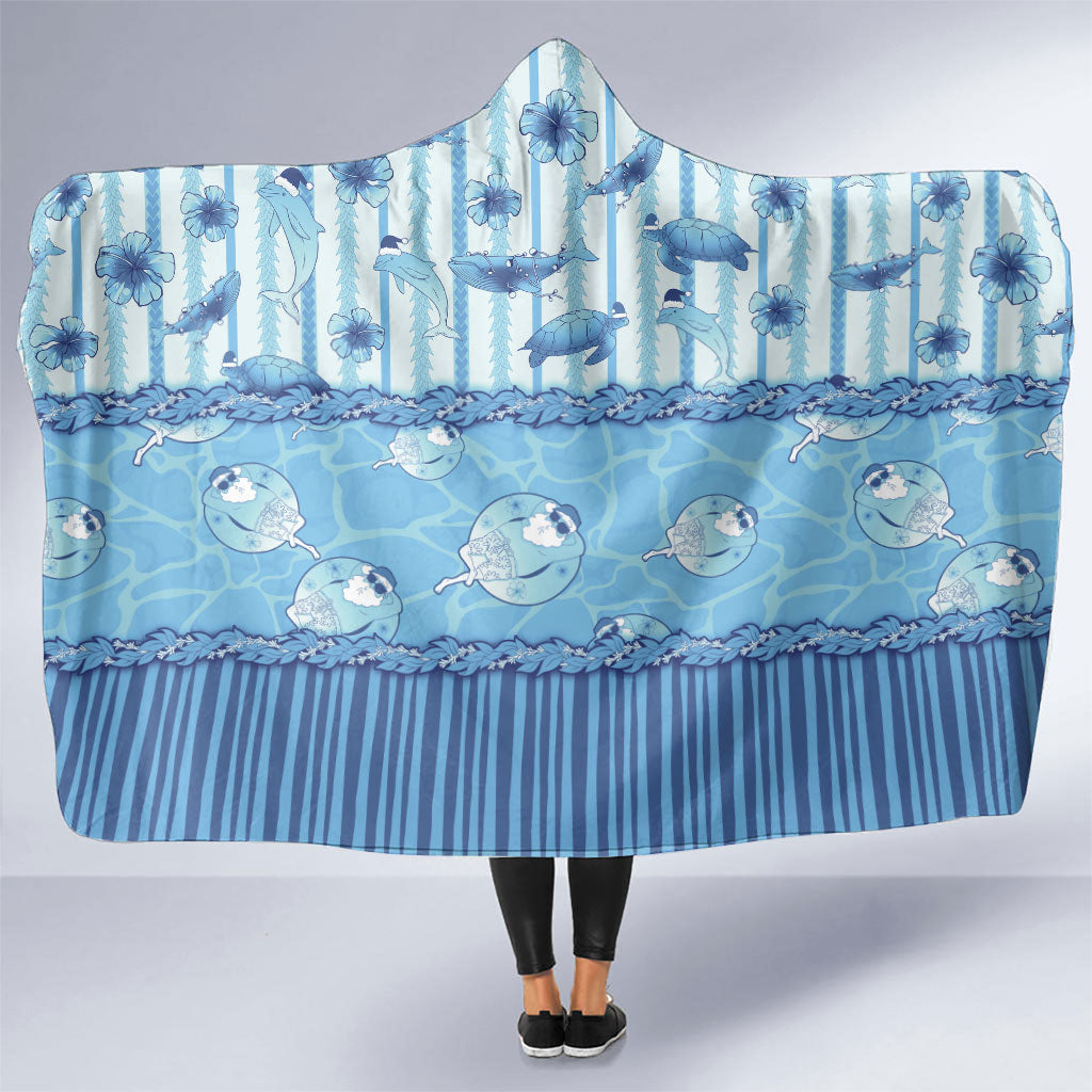 Hawaii Christmas In July Hooded Blanket Sky Blue Mele Kalikimaka Sea Animals DT05 One Size Blue - Polynesian Pride
