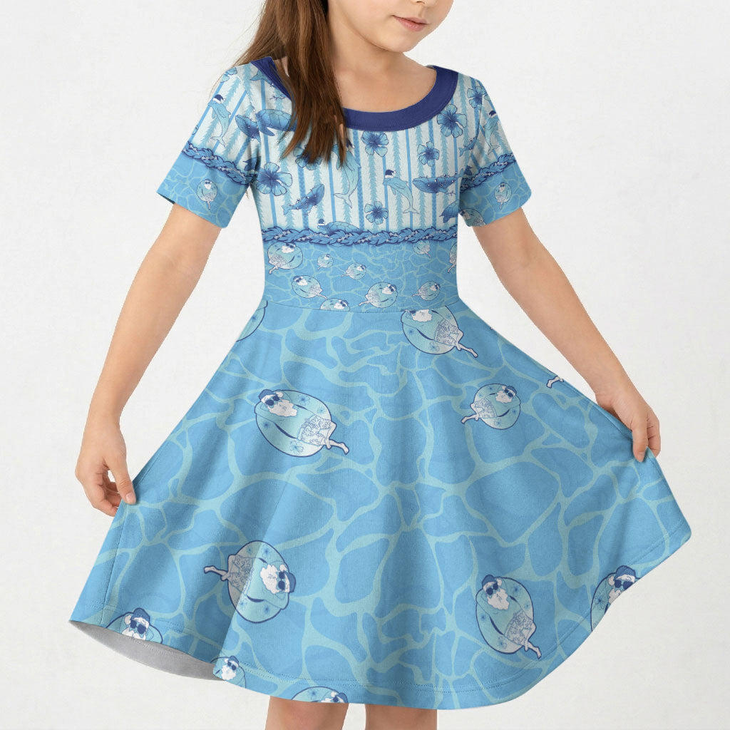 Hawaii Christmas In July Kid Short Sleeve Dress Sky Blue Mele Kalikimaka Sea Animals DT05 KID Blue - Polynesian Pride