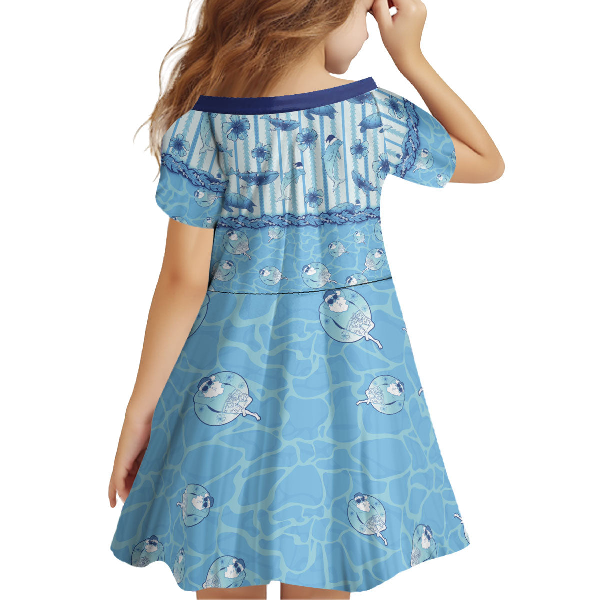 Hawaii Christmas In July Kid Short Sleeve Dress Sky Blue Mele Kalikimaka Sea Animals DT05 - Polynesian Pride