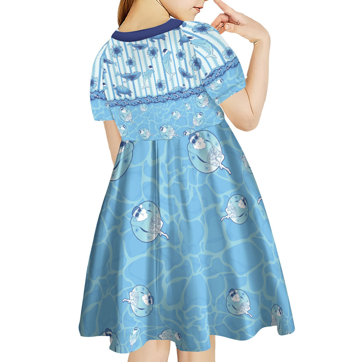 Hawaii Christmas In July Kid Short Sleeve Dress Sky Blue Mele Kalikimaka Sea Animals DT05 - Polynesian Pride