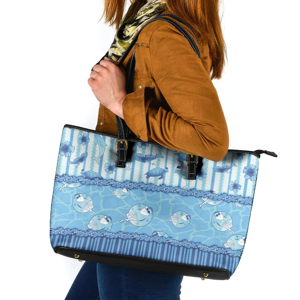 Hawaii Christmas In July Leather Tote Bag Sky Blue Mele Kalikimaka Sea Animals DT05 Blue - Polynesian Pride