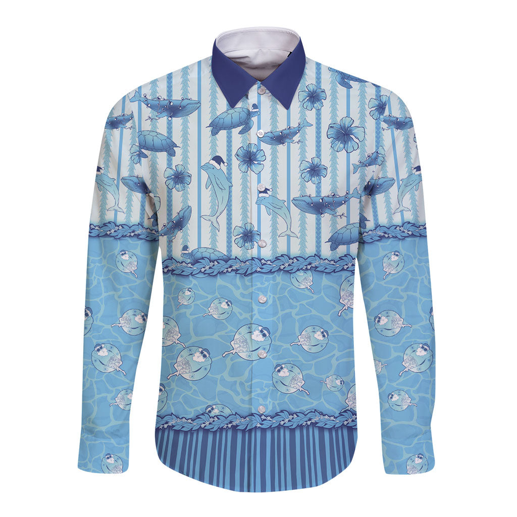 Hawaii Christmas In July Long Sleeve Button Shirt Sky Blue Mele Kalikimaka Sea Animals DT05 Unisex Blue - Polynesian Pride