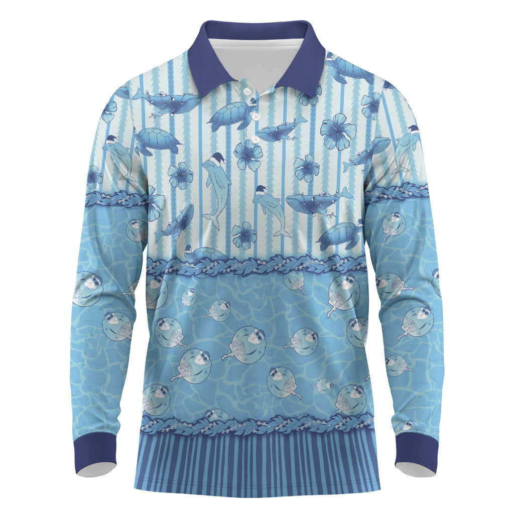 Hawaii Christmas In July Long Sleeve Polo Shirt Sky Blue Mele Kalikimaka Sea Animals DT05 Blue - Polynesian Pride
