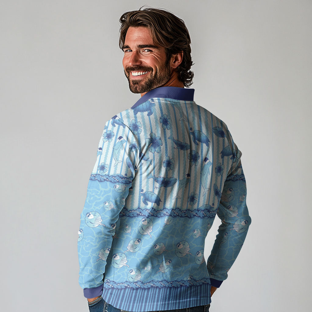 Hawaii Christmas In July Long Sleeve Polo Shirt Sky Blue Mele Kalikimaka Sea Animals DT05 - Polynesian Pride