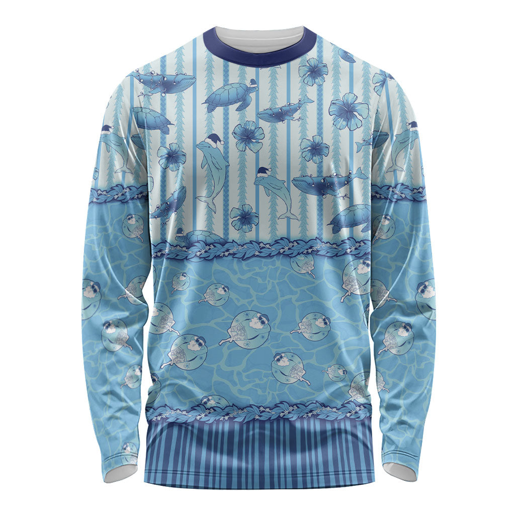 Hawaii Christmas In July Long Sleeve Shirt Sky Blue Mele Kalikimaka Sea Animals DT05 Unisex Blue - Polynesian Pride
